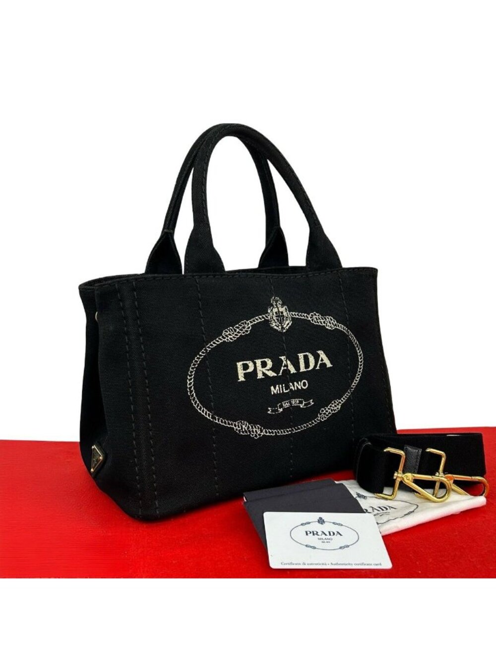 Prada Canapa Triangle Logo Canvas 2-Way Mini Tote Shoulder Bag Black